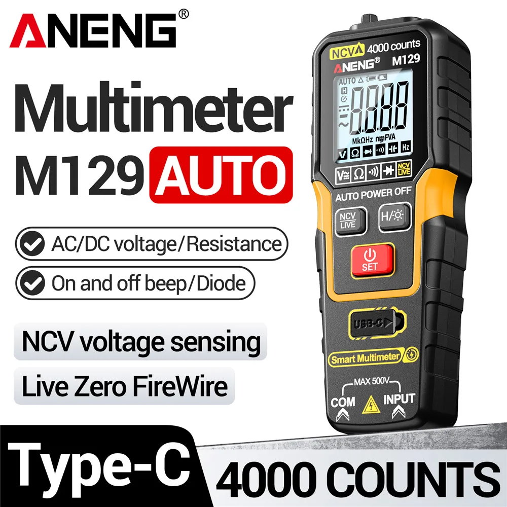 ANENG Smart Digital Multimeter M129 mit Automatischer Bereichswahl, NCV-Spannungserkennung, Wiederaufladbar, Professioneller Multifunktionaler Elektriker-Tester