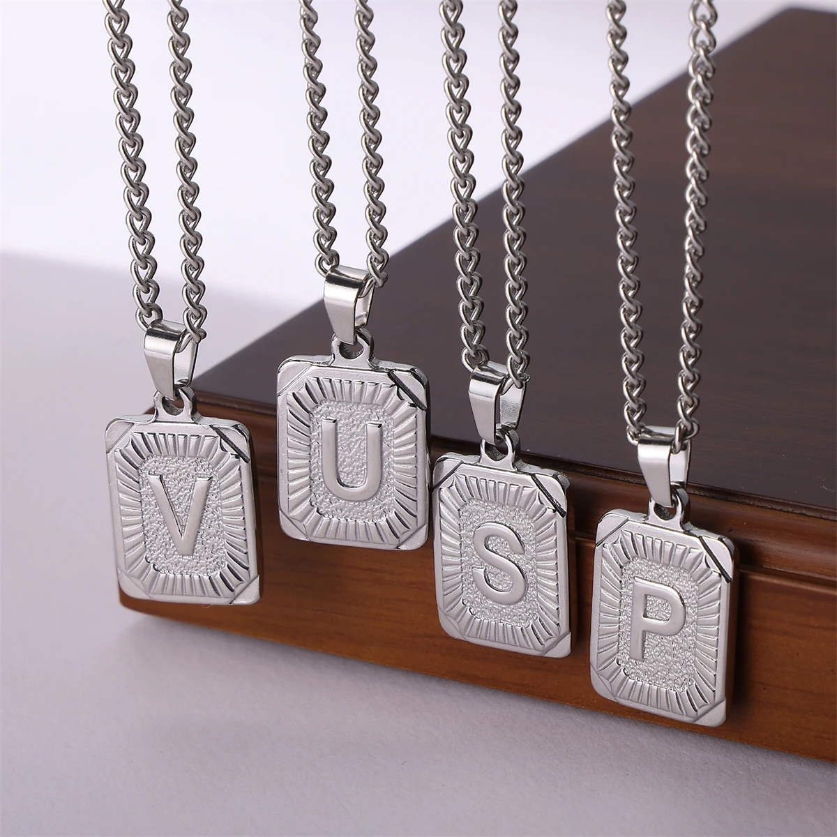 Personalized Square Silver Letter Pendant 26 A-Z Initials With Pendant Stainless Steel Necklace For Men Women