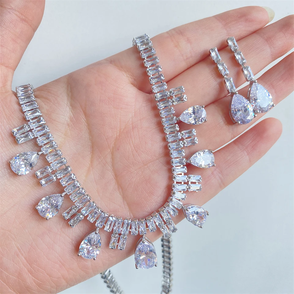ZAKOL Funkelndes AAA-Kubikzirkonia-Set mit großen Wassertropfen-Ohrringen und Halskette, luxuriöser Brautschmuck für Hochzeiten und Partys – Detail 12