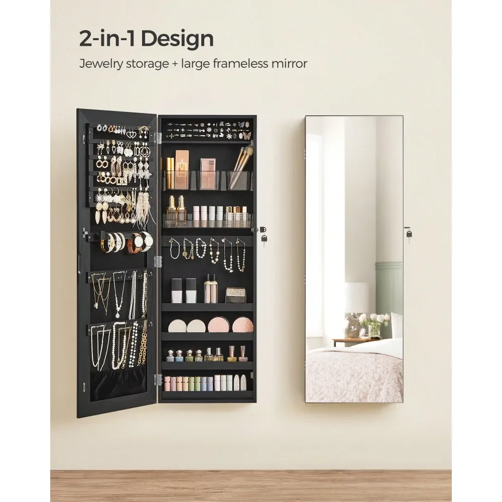 

Mirror Jewelry Cabinet, Wall Or Door Mounted Jewelry Storage, Lockable, With 2 Plastic Cosmetic Organizers, Back To School Dorm