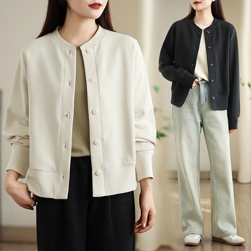 봄 가을 신상 심플하고 세련된 루즈핏 순면 롱 슬리브 스웨트셔츠 컬러 버튼 재킷 여성용