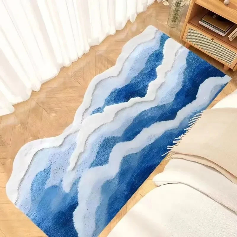 VIKAMA Wavy Irregular Ocean Wave Runner Rug Gradient Blue White Water Ripple Soft Fluffy Tassel Bedroom Hallway Floor Mat