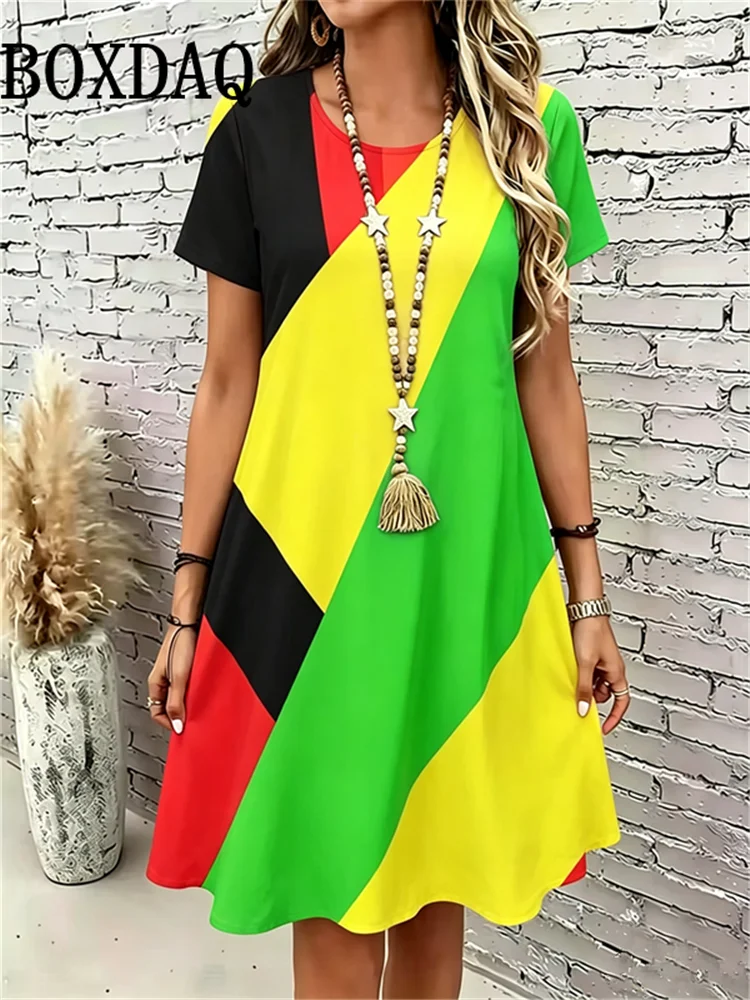 Geometry Striped Print Women Dresses For 2026 Summer Fashion Contrast Color Short Sleeve Dress Casual O-Neck Loose A-Line Dress