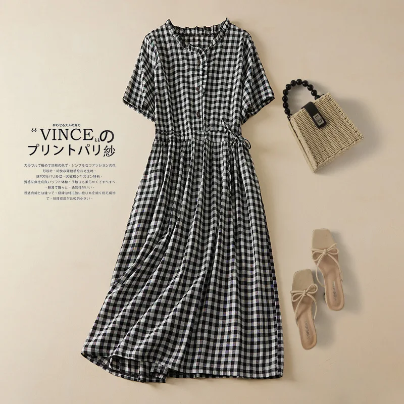 

Summer Cotton Linen Plaid Dresses Women Summer Loose Lace-up Elastic Waist Round Neck Midi Dress With Pockets Short Sleeve Robes