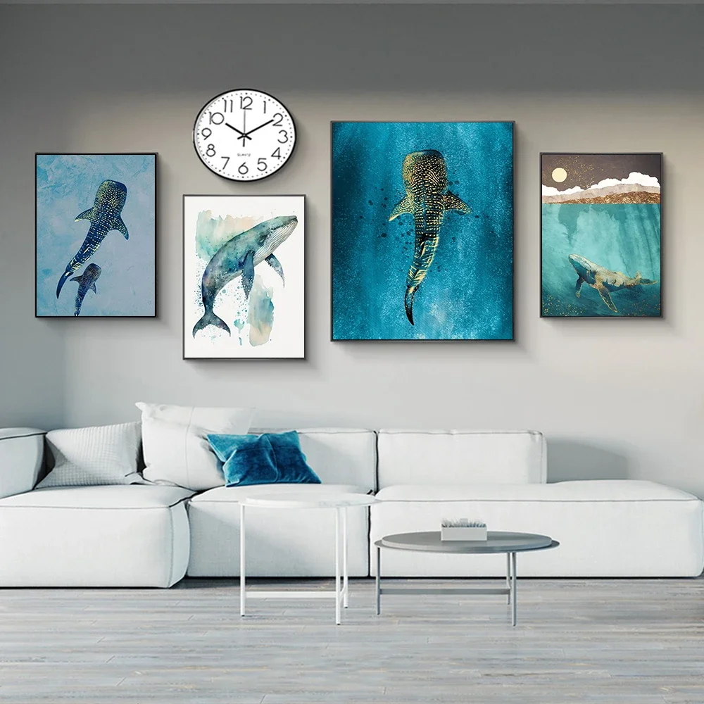 Cartoon Humpback Whale Canvas Painting Underwater World Waves Boat Blue Whale Dream Fantasy Poster Prints Living Room Gift Decor