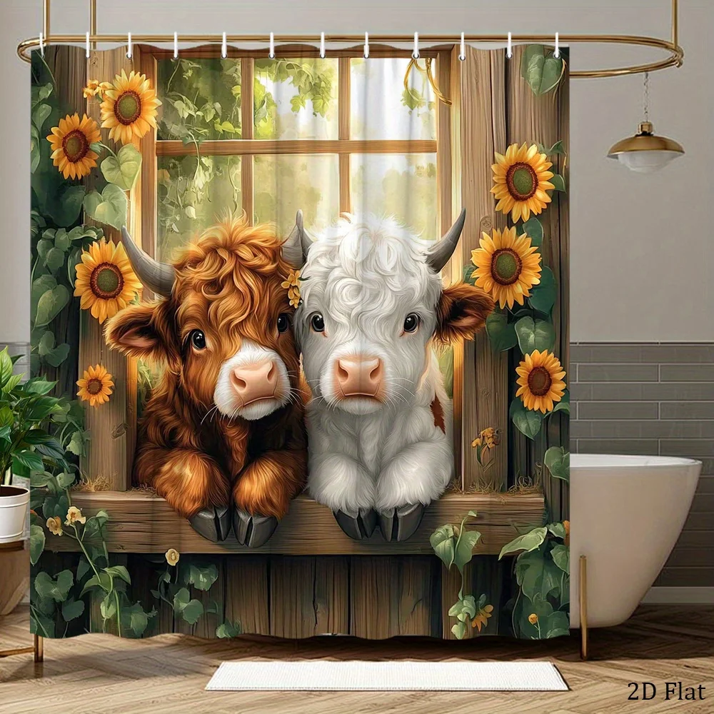1pc Sunny Meadow Cows Shower Curtain - Highland Cattle & Sunflowers Countryside Design, Durable Polyester Fabric with 12 Hooks,