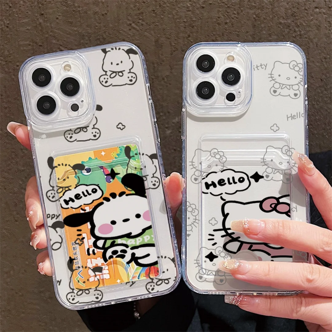 

Funny Hello Kitty Pochacco Wallet Card pocket clear Phone Case For iPhone 16 15 14 13 12 Pro Max shockproof Protection Cover﻿﻿