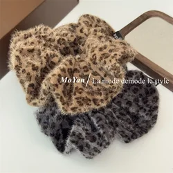 Gray coffee leopard print plush large intestine hairband retro simple  head flower low ponytail hair rope temperament headband