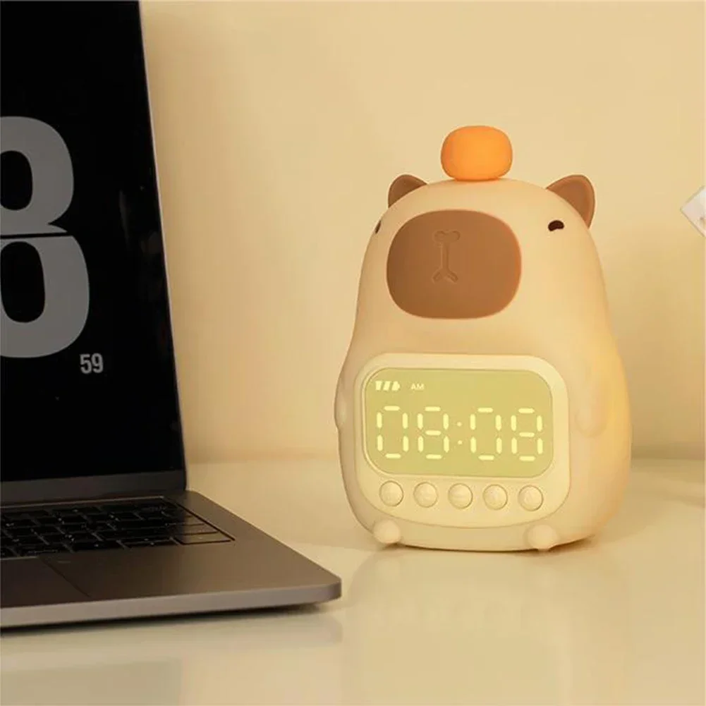 Cute Cartoon Capybara Silicone Night Light Rechargeable Digital Alarm Clock Led Night Lamp Touch Snooze Always-on Table Clock