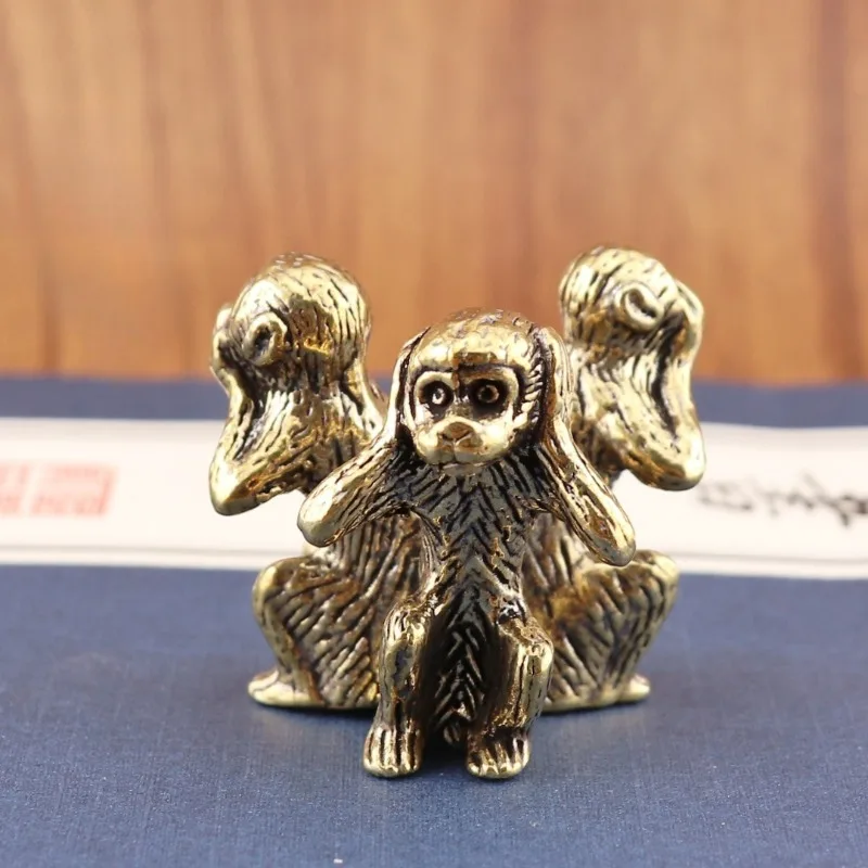 Brass Three Wise Monkeys Figurine Set Vintage Bronze Monkey Statue Mini Ornament, See No Hear No Speak No Evil Sculpture