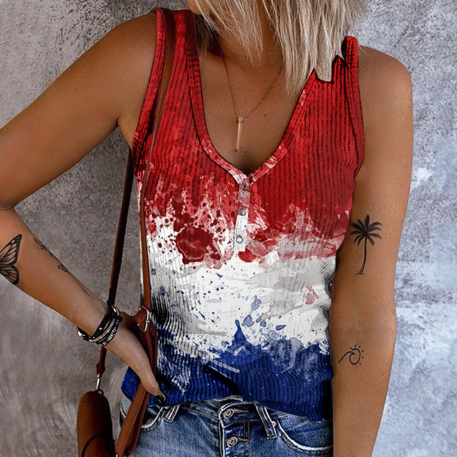 Y2k Vintage Camis Women Fashion Tie-Dye Vest Summer Deep V-Neck Sleeveless Tank Tops Hawaiian Wear Outdoor Holiday Streetwear