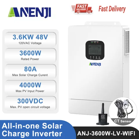 ANENJI 3.6KW 하이브리드 태양광 인버터 On/Off-Grid 순수 사인파 4000W PV 입력 전력 300VDC WiFi가 포함된 태양광 충전 컨트롤러