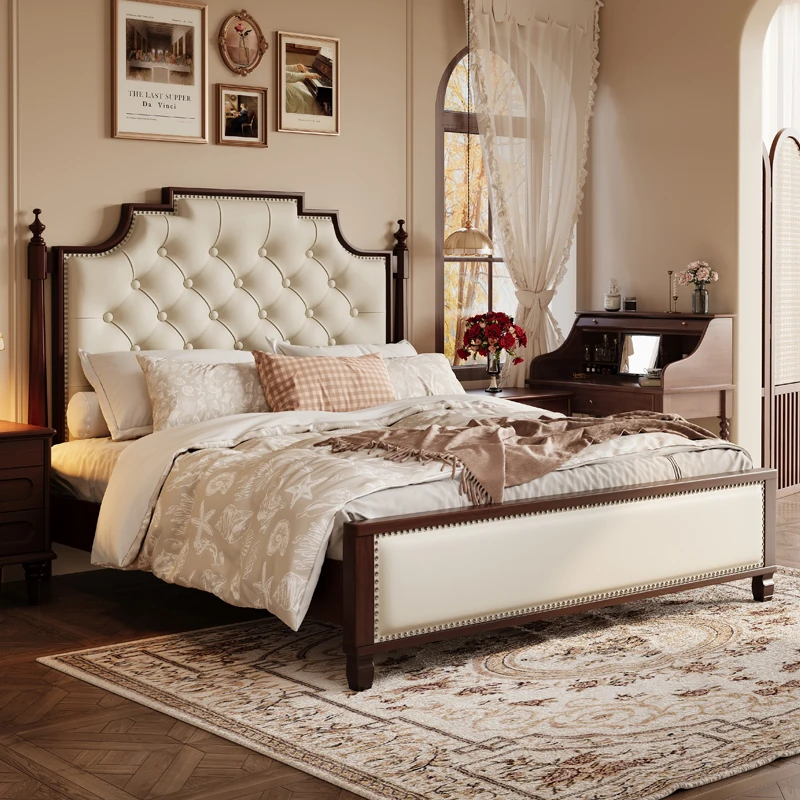 

American Light Luxury Modern 1.8m Double Bed Frame Soft Solid Wood Fabric Button Walnut Oak Master Bedroom Home