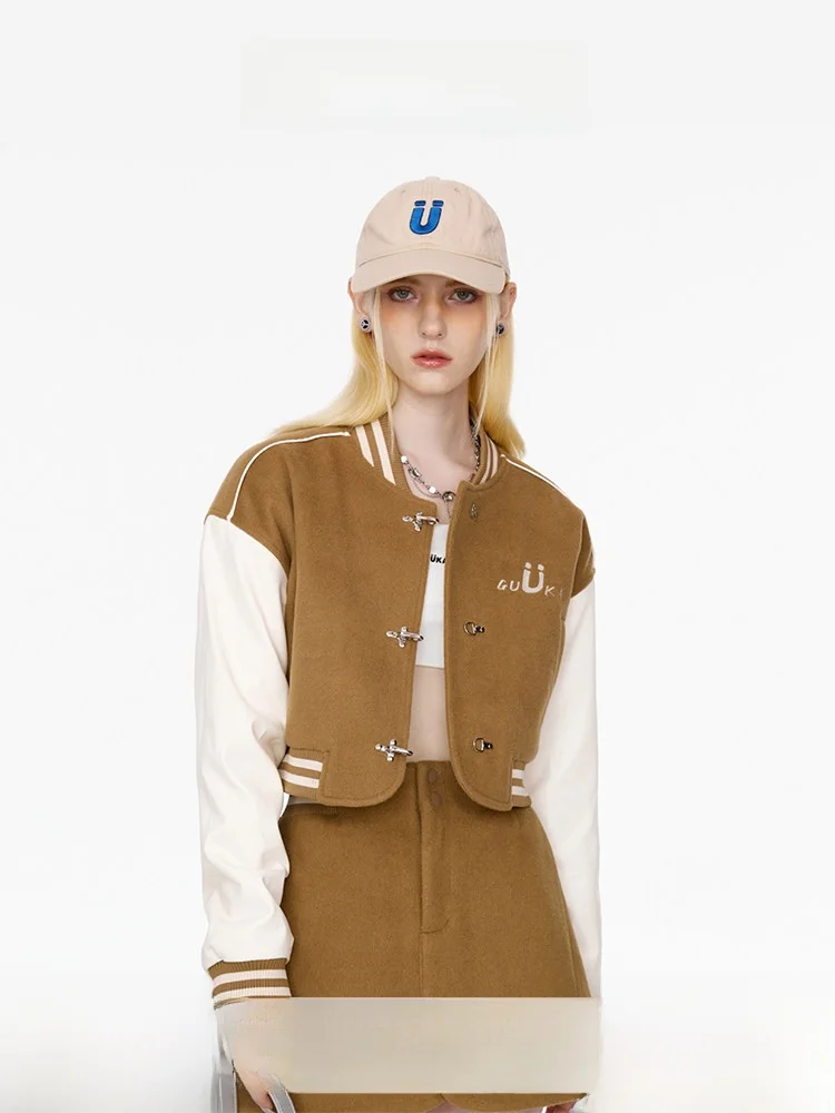 Thickened PU Leather Short Baseball Jacket for Women Kaki Color Retro American Style Slim Fit Coat Sweet Style Straight Tube