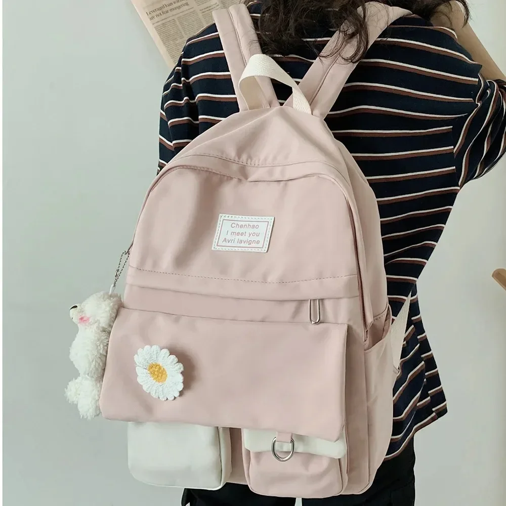 Cute Flower Nylon Backpack para Mulheres, Bolsa de Escola para Menina, Estudante Universitária, Moda Feminina, Book Bags, Moda, Viagem, Kawaii, Novo