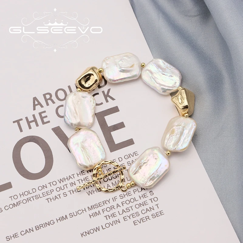 GLSEEVO Shining Natural Baroque White Square Pearls Luxury Bracelet For Woman Fashion Luxury Designer Jewelry Thanksgiving Gifts