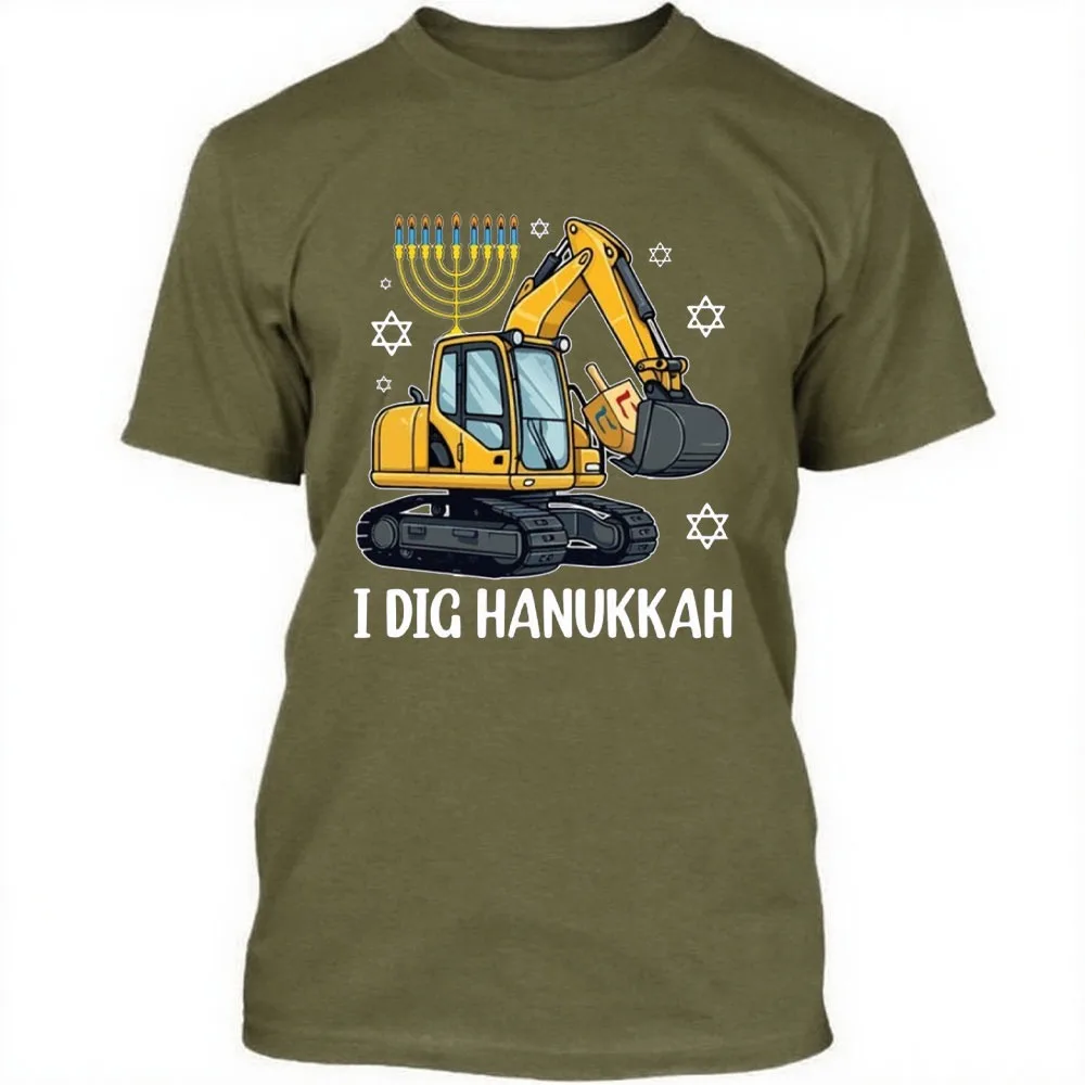 I DIG Hanukkah Shirt Fun Hanukkah Excavator & Menorah Men T-Shirt Judaica Candle Men Tops Jewish Religious Family Tees