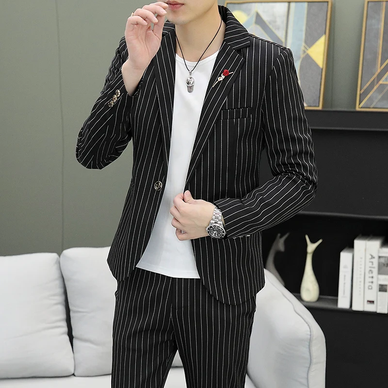 Suit (Blazer+ Pants) Men\'s Fashion Casual Gentleman Work Stripe Trend Outdoor Business Wedding Light Luxury Banquet Suit