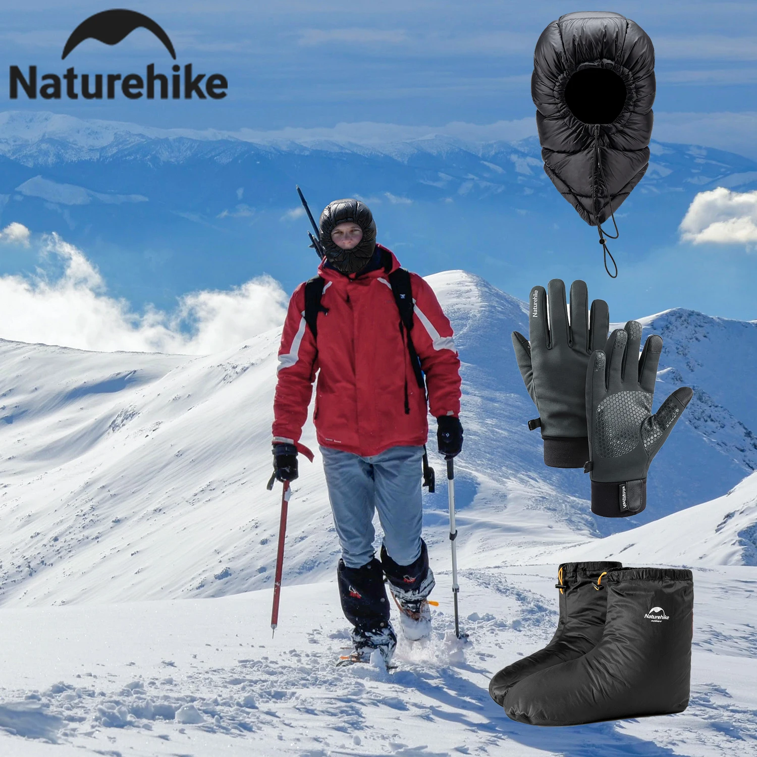 Naturehike Ultralight Portable Winter Waterproof Warm Three Piece Down Hat Gloves Shoe Covers Hiking Camping Clothing Equipment