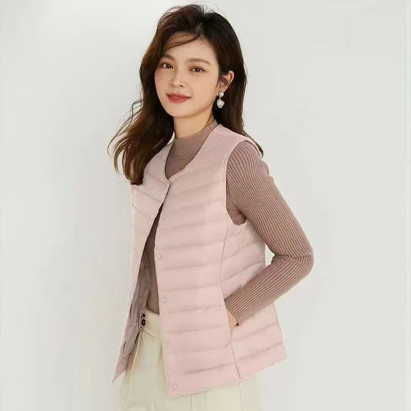 2025 novo ultraleve sem mangas colete de algodão feminino inverno embalável colete quente simples fino quente interior usar cardigan jaqueta senhora