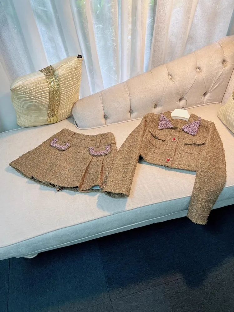 

Two Piece Set Spring Autumn Women Fashion Diamond Tweed Short Jacket High Waist Pleated Skirt Ladies Vintage Sweet Matching Sets