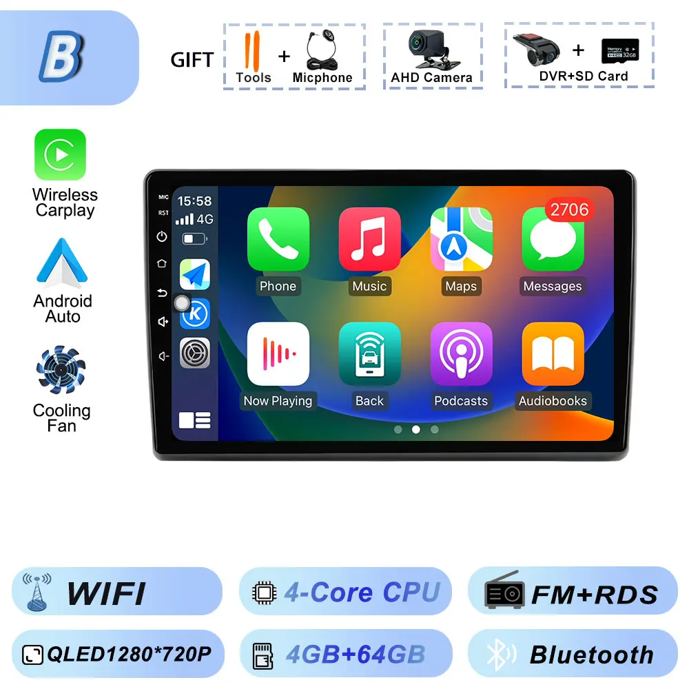 Video Speler Carplay Autoradio voor Fiat Ducato 2007 2008 2009 2010 2011 2012-2015 Android 15 Stereo multimedia BT Auto Android