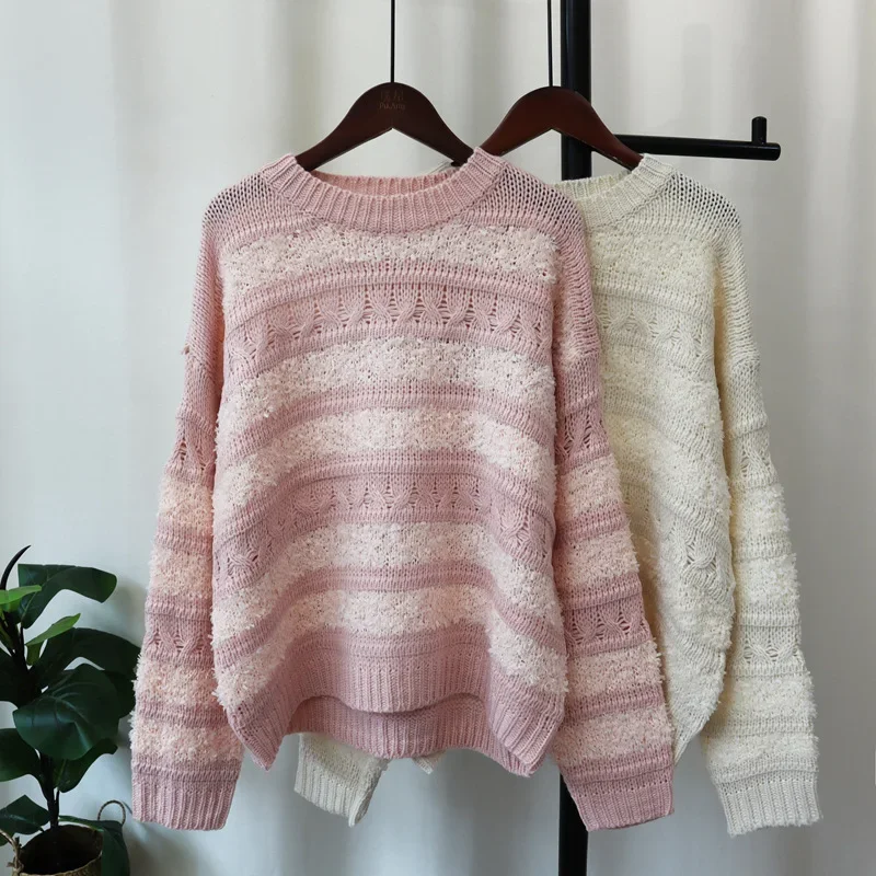 

Knitted Striped Sweater Women Long Sleeve O Neck Pullovers Spliced Jumpers Autumn Casual Loose Fit Sweaters Slight Strech