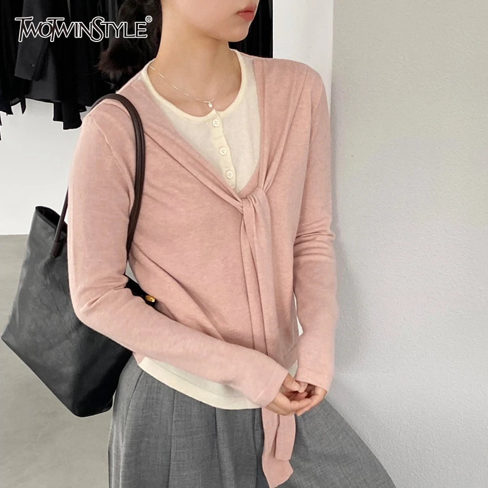 

TWOTWINSTYLE однотонный сращенный бандажный свитер женский с круглым вырезом и длинным рукавом искусственный повседневный женский свитер из двух предметов осенняя мода новинка