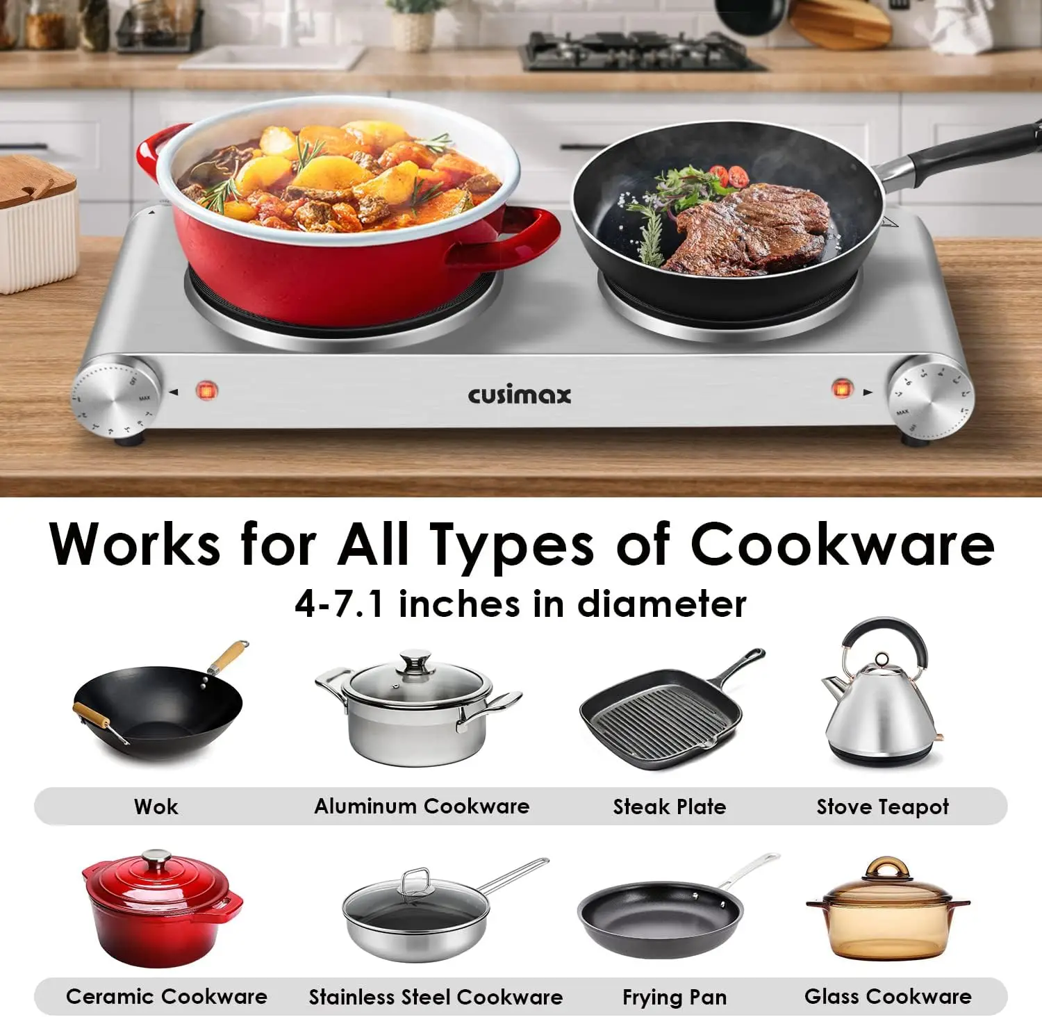 Electric Double Burner Hot Plate, 1800W Cast Iron Cooktop, Portable for Cooking, Easy Clean, Upgraded Version