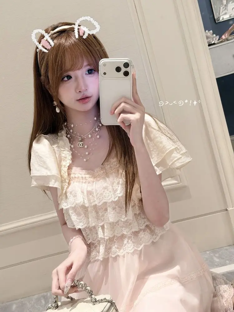 Japanese Vintage Sweet Lolita Dress Set Women Lace Trim Puff Sleeve Cropped Cardigan Chiffon Slim Fit Mini Dress Casual Outfit