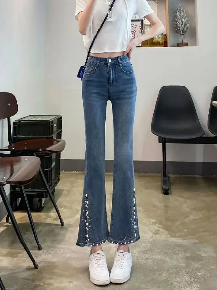 Hot Diamond Beaded Split Jeans For Women Spring Summer 2024 New High Waist Slim Bell-bottoms Trousers Denim Pants