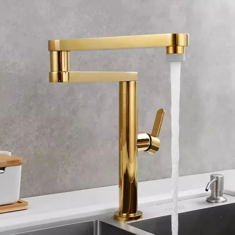 Brushed Gold Kitchen Faucet Foldable Pot Filler Tap Deck Mounted Sink Faucet Hot and Cold  Sink Tap Rotate Folding Spout  Brass