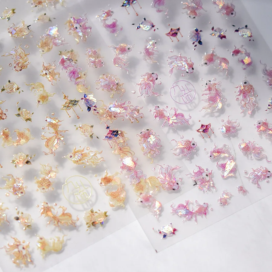 1pcs 5D Embossed Glitter Fish Nail Art Kawaii Stickers Pink Yellow Red Self-adhesive Transfer Nail Decorations Slider Decals DIY