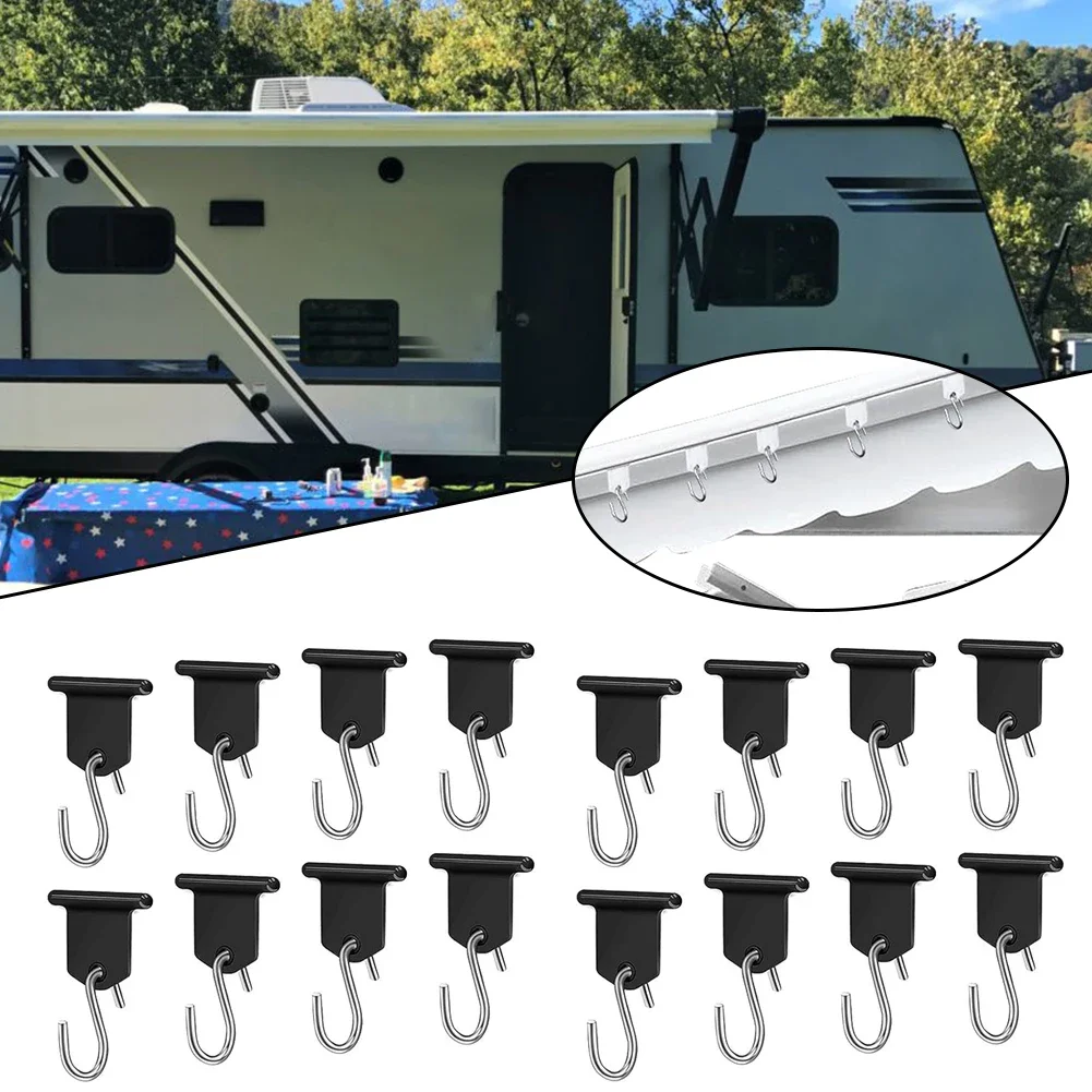 Piping Strip Hooks RV Awning Hooks 16PCS 16x ABS+Metal Accessories Camping Piping Rail Hook For Camping Tent Kit