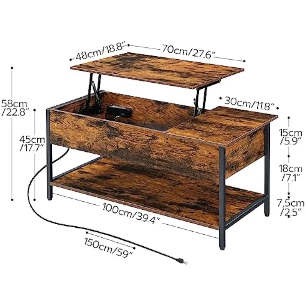 Table basse avec plateau élévateur et prise de courant, table basse avec station de charge, marron rustique, noir, salon