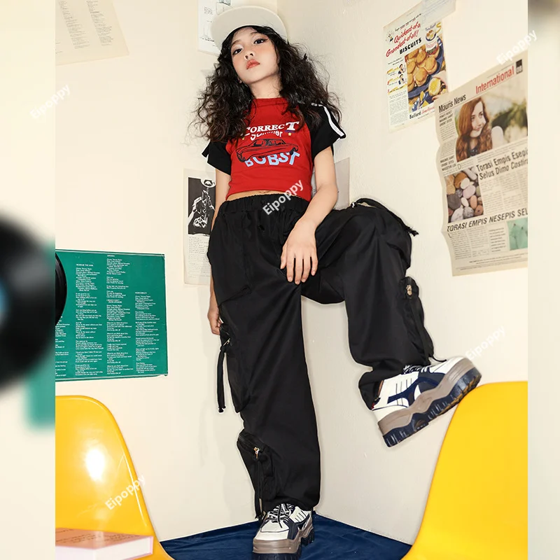 Hip Hop Girls T-shirt Street Dance Black Loose Pants Child Streetwear Crop Top Joggers Clothes Set Kids Sweet Jazz Costumes