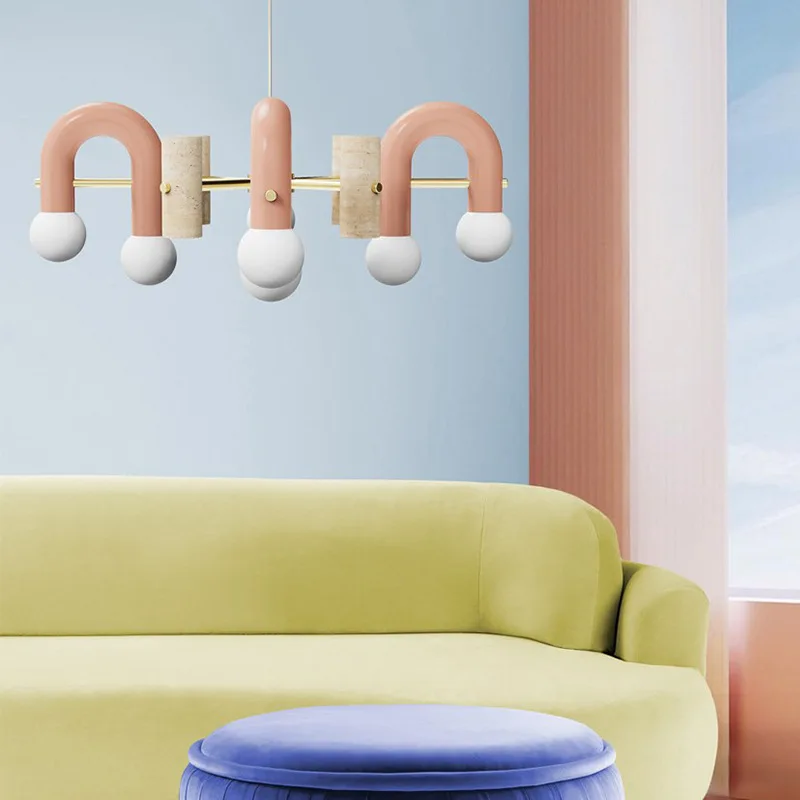 Led Tube Travertine Lamp Nordic Pink U-Shaped Chandelier for Children's Room Bedroom Living Room Artistic Macaron Arch Hanglamp