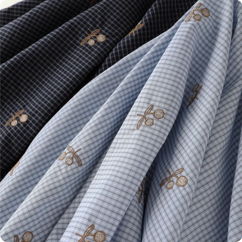 

Blue embroidered checkered cotton fabric for spring and summer shirts, dresses and clothing DIY hair band fabric