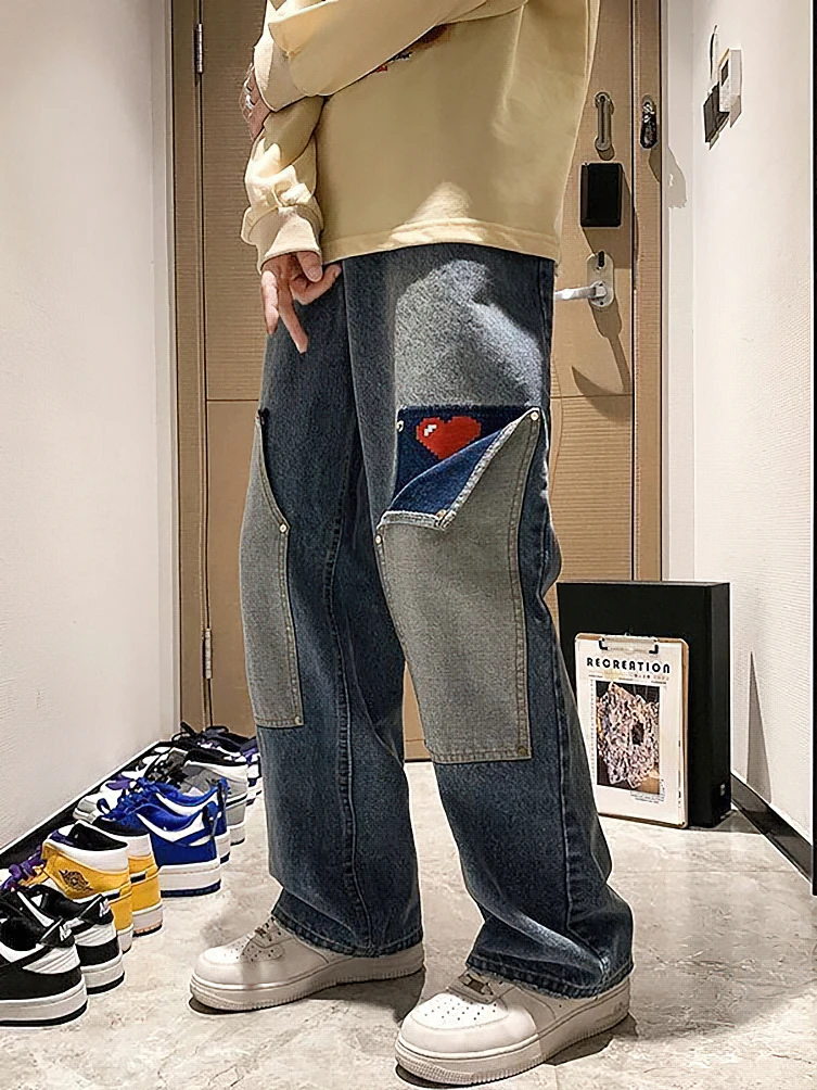 Harajuku Wide Leg Baggy Cargo Jeans Pants Men Heart Oversize Straight Casual Denim Long Trousers Streetwear Vintage Y2k Hop