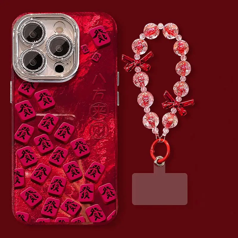 Whirlpool Pattern Eight Square Money Mahjong Phone Case with Bow String Phone Chain for iPhone 11 12 13 14 15 16 pro max