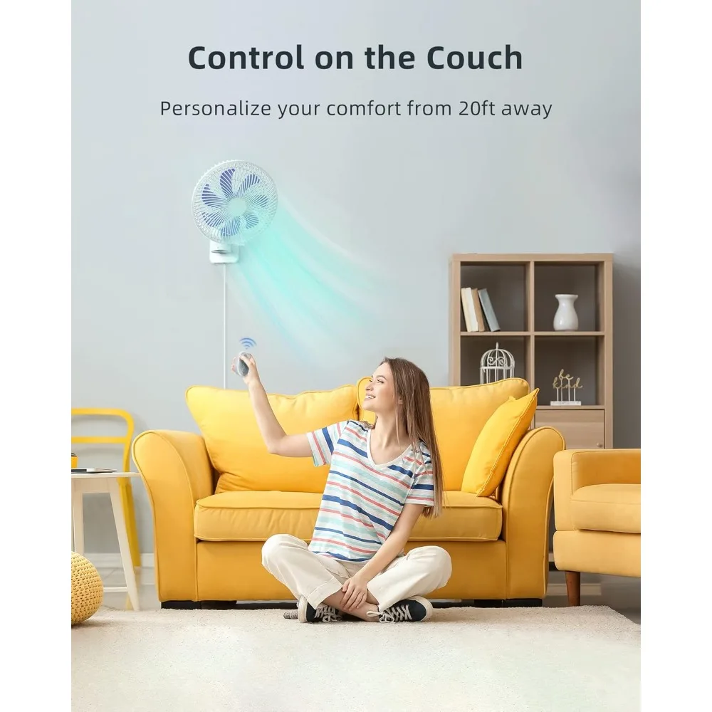 مروحة تثبيت على الحائط صغيرة مقاس 8 بوصات مع جهاز تحكم عن بعد، 90 ° تتأرجح، 4 سرعات، مؤقت، متضمن 120 °   إمالة قابلة للتعديل، سلك 70 بوصة