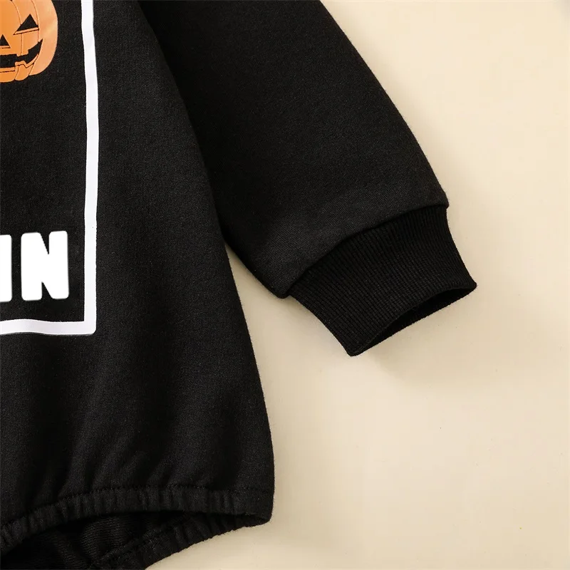 Toddler Boys Halloween Costume Black Long Sleeve Pumpkin Print Romper Jumpsuit with Hoodie Sweatshirt