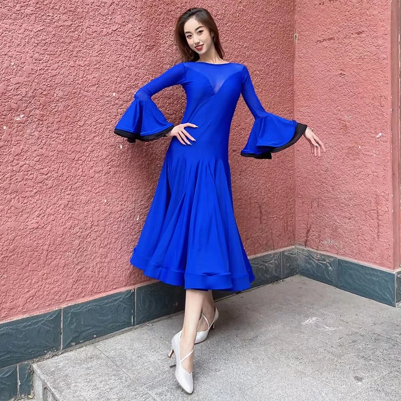 Royal Blue Ballroom Dance Dress Women Competition Clothing Waltz Dance Costume Prom Wear Flared Sleeves Practice Dress BL10610