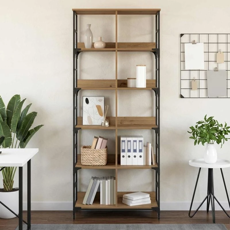 Bücherregal, Regal, 4 Ebenen, Metall und Holzwerkstoff, 78,5x33x188,5 cm, Artisan-Eichenoptik, robust, langlebig, vielseitig einsetzbar, für Wohnzimmer, Büro, Flur, einfache Montage, platzsparend
