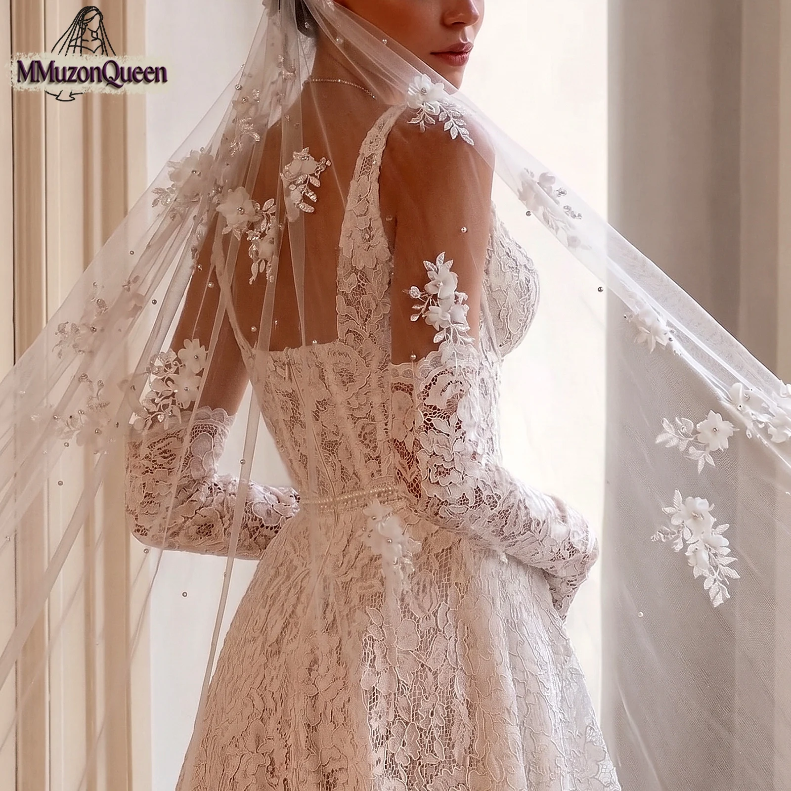 TOPQUEEN 3D-Blumen-Brautschleier Velos De Novia Elegantes 3 Meter, alles für Brautkleider mit Organza-Blumen-Voile V52