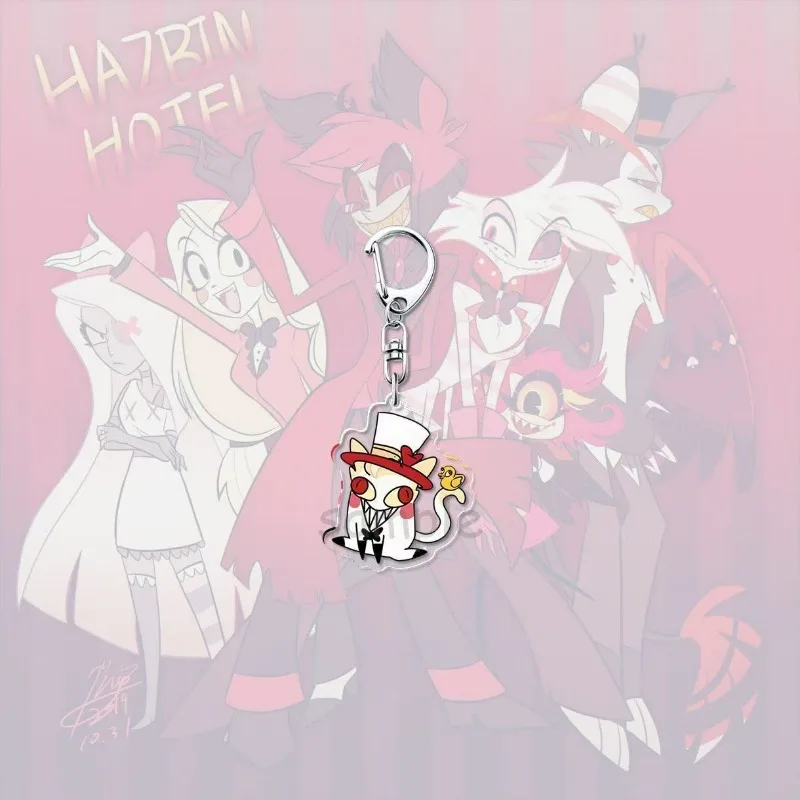 Hazbin فندق الكرتون سلسلة مفاتيح مصنوعة من الأكريليك أنيمي الشكل Alastor لوسيفر فوكس مضحك القط مفتاح سلسلة ظهره ديكور قلادة كيرينغ الهدايا