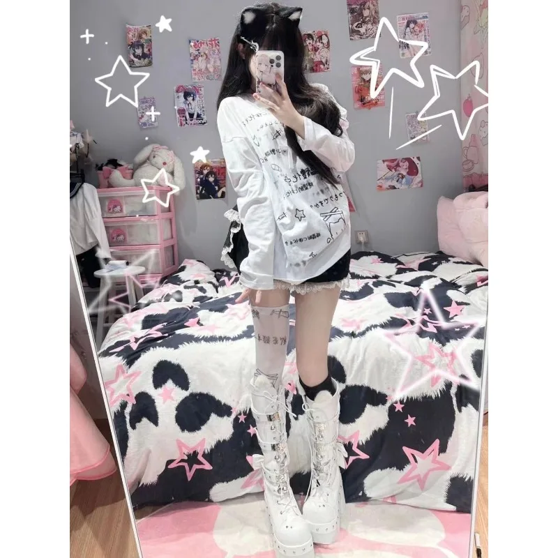 Sweet T-shirt Cartoon Print Cotton Japan Y2k Women T-shirt Long Sleeved Spring Autumn Winter White Round Neck Loose Leisure