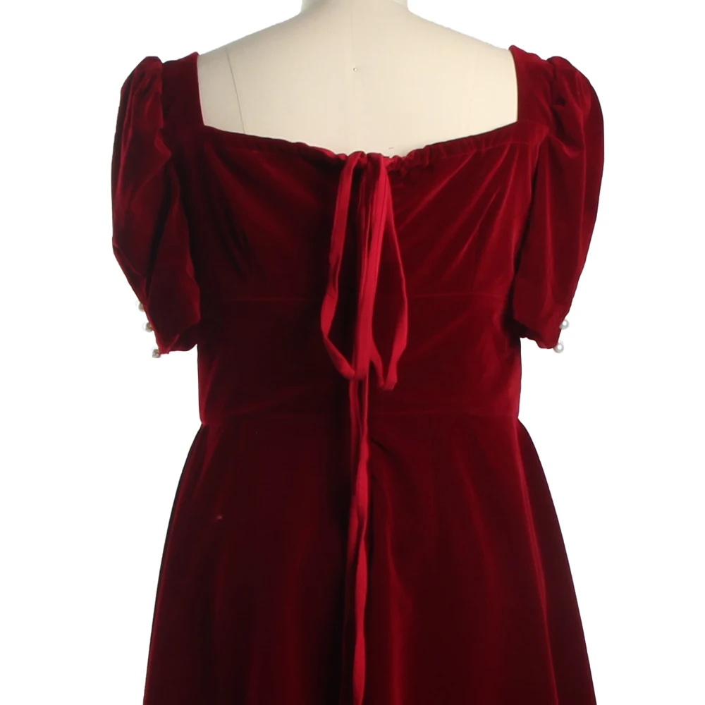 Robe de soirée en velours bordeaux, col en cœur, manches mi-bouffantes, boutons, ligne a, longueur thé, grande taille, robe de soirée pour femmes, B1372