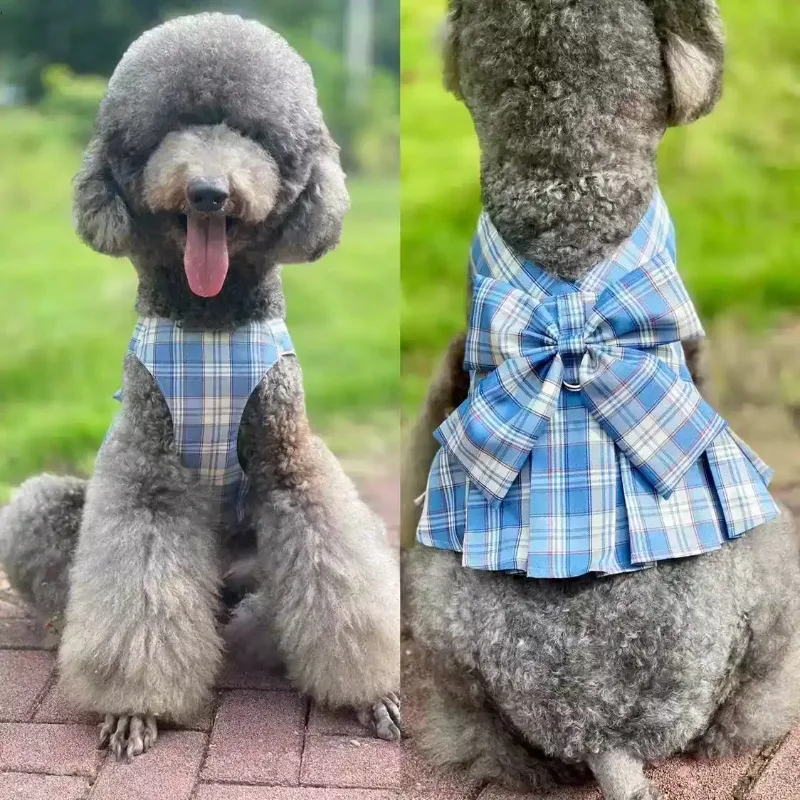 Dog Summer Medium To Large Pet Clothing Checkered Strappy Dress with Leash Buckle