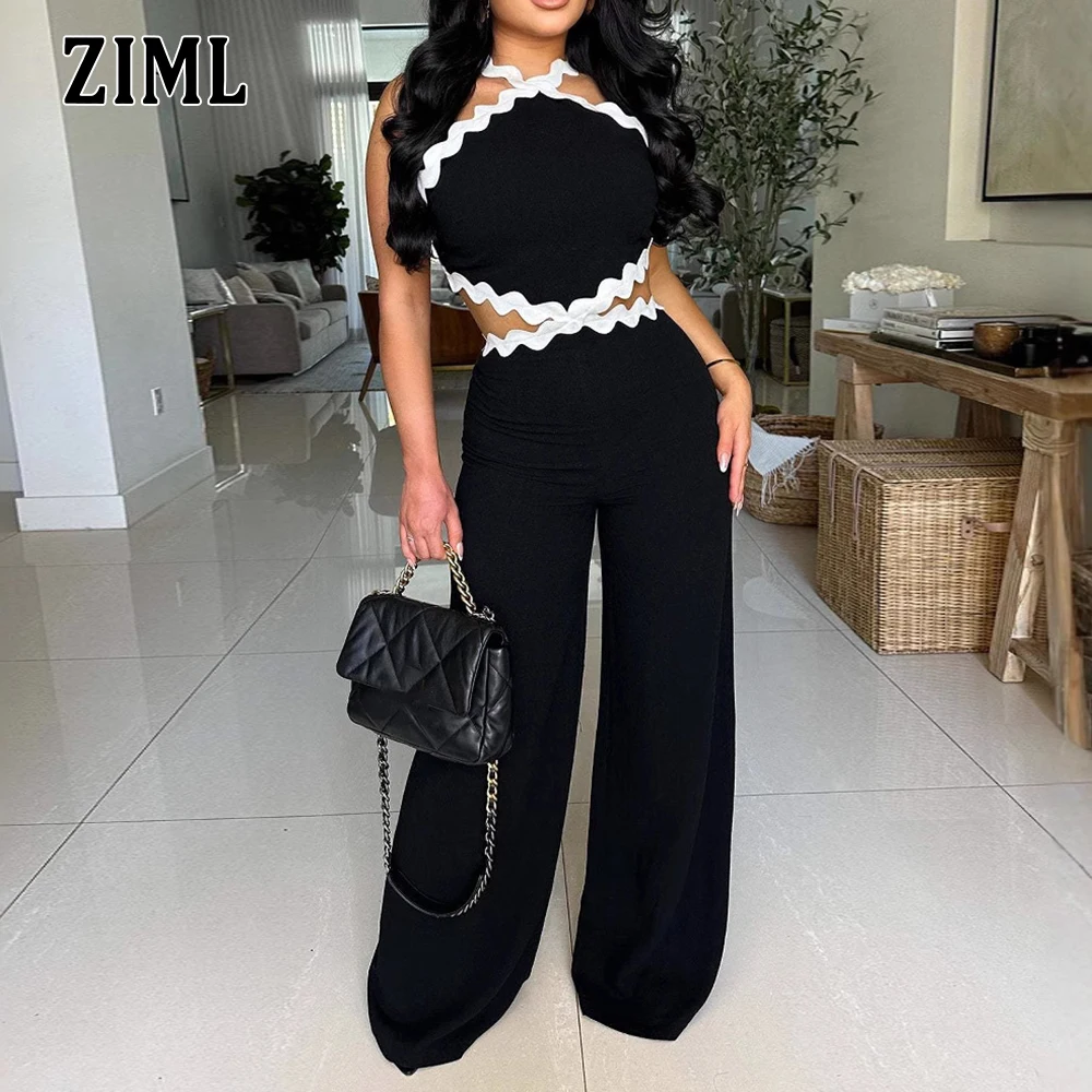 

ZIML Hit Color Slimming Hollow Out Jumpsuits for Women Round Neck Sleeveless High Waist Temperament Jumpsuits Female Fashion New